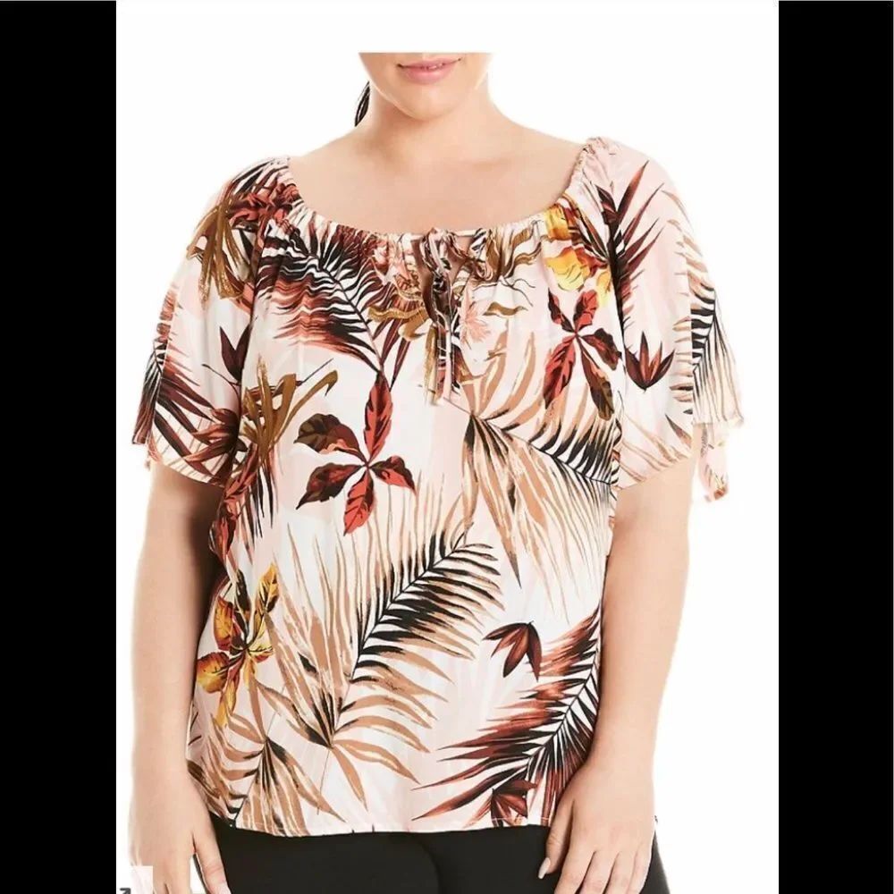 NEW ! Estelle Plus pink floral tie front Boho Lagenlook blouse 3X